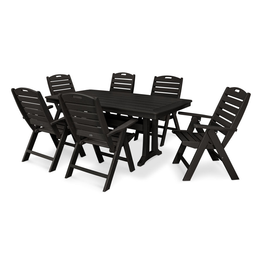 POLYWOOD Nautical Folding Highback Chair 7-Piece Dining Set with Trestle Legs in Black