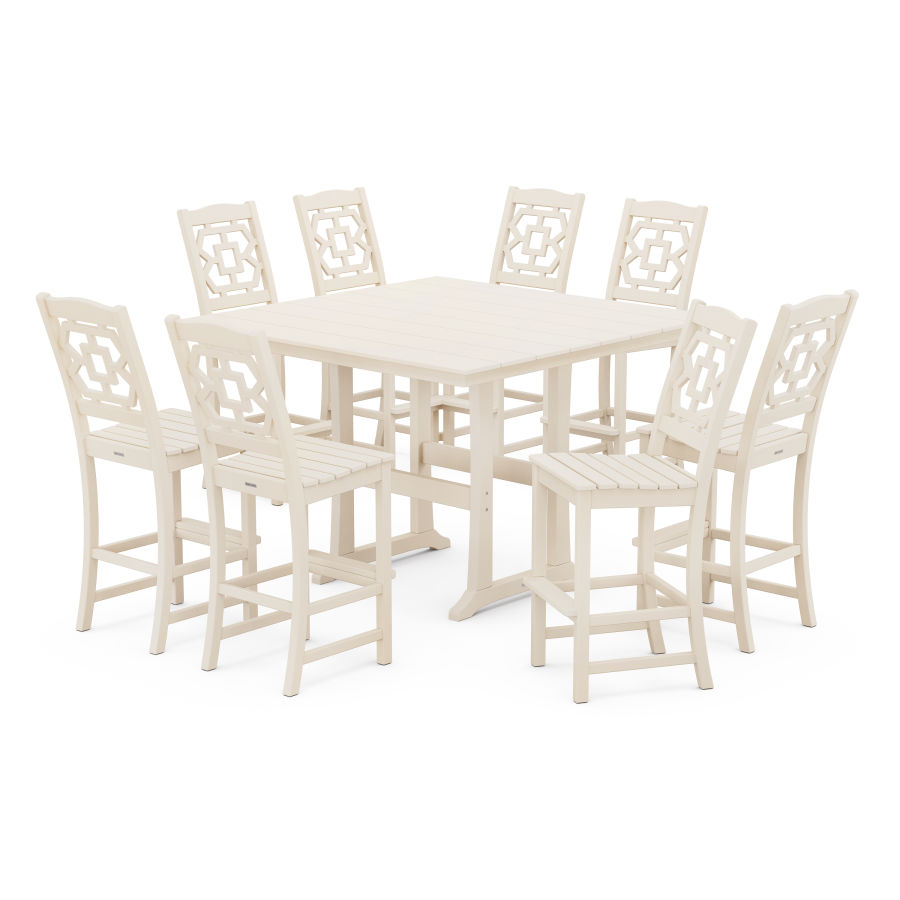 POLYWOOD Chinoiserie 9-Piece Square Farmhouse Side Chair Bar Set with Trestle Legs in Sand