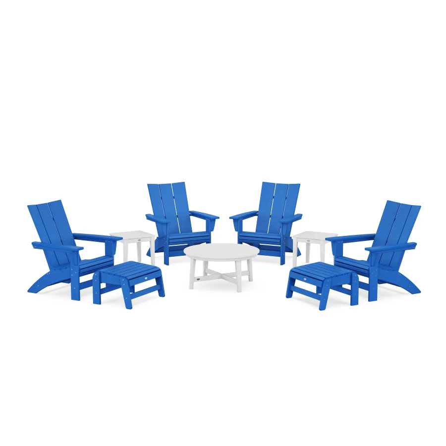 POLYWOOD Modern Grand Adirondack 9-Piece Conversation Set in Pacific Blue / White