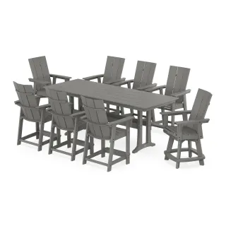 POLYWOOD Modern Curveback Adirondack Swivel 9-Piece Farmhouse Counter Set with Trestle Legs