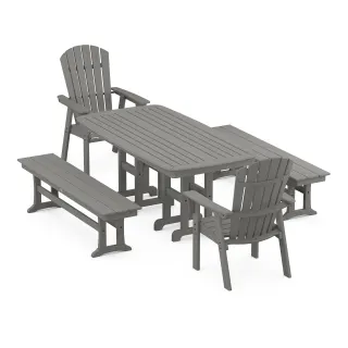 POLYWOOD Nautical Curveback Adirondack 5-Piece Dining Set with Benches