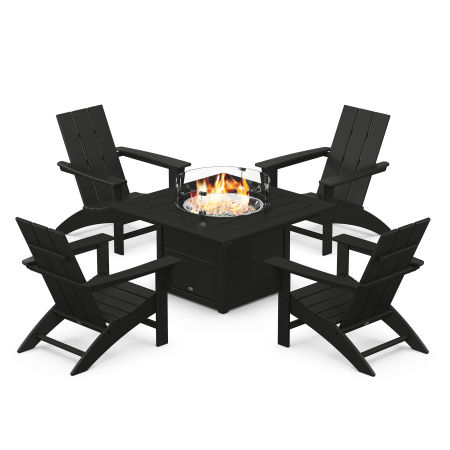 Modern 5-Piece Adirondack Chair Conversation Set with Fire Pit Table in Black