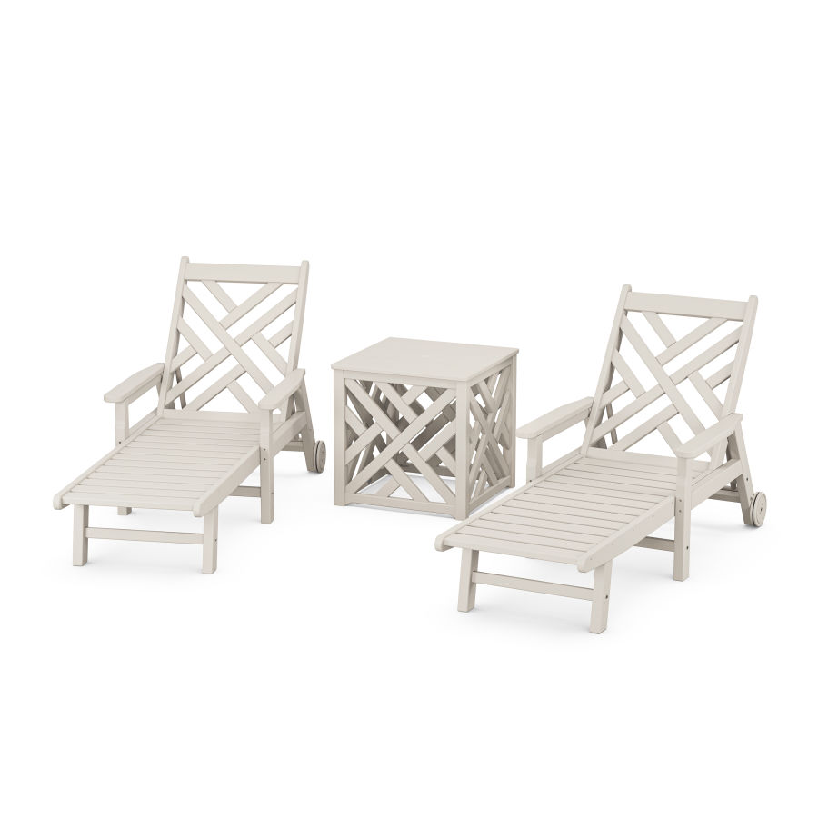 POLYWOOD Chippendale 3-Piece Chaise Set with Umbrella Stand Accent Table in Sand