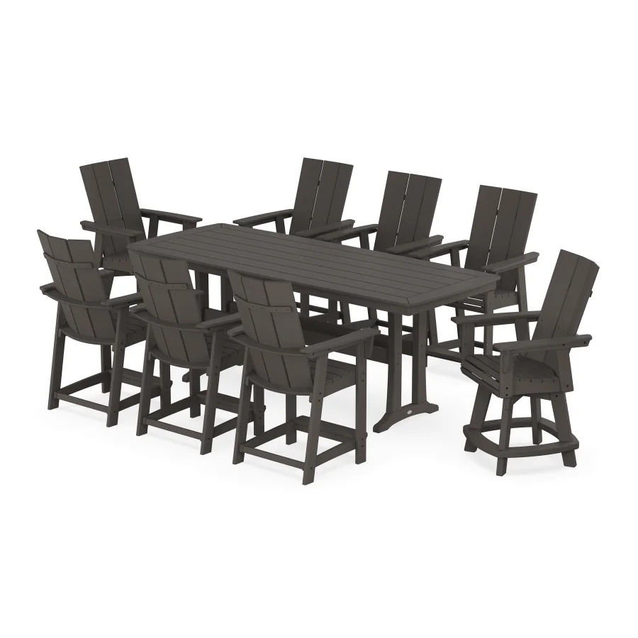 POLYWOOD Modern Curveback Adirondack Swivel 9-Piece Counter Set with Trestle Legs in Vintage Finish