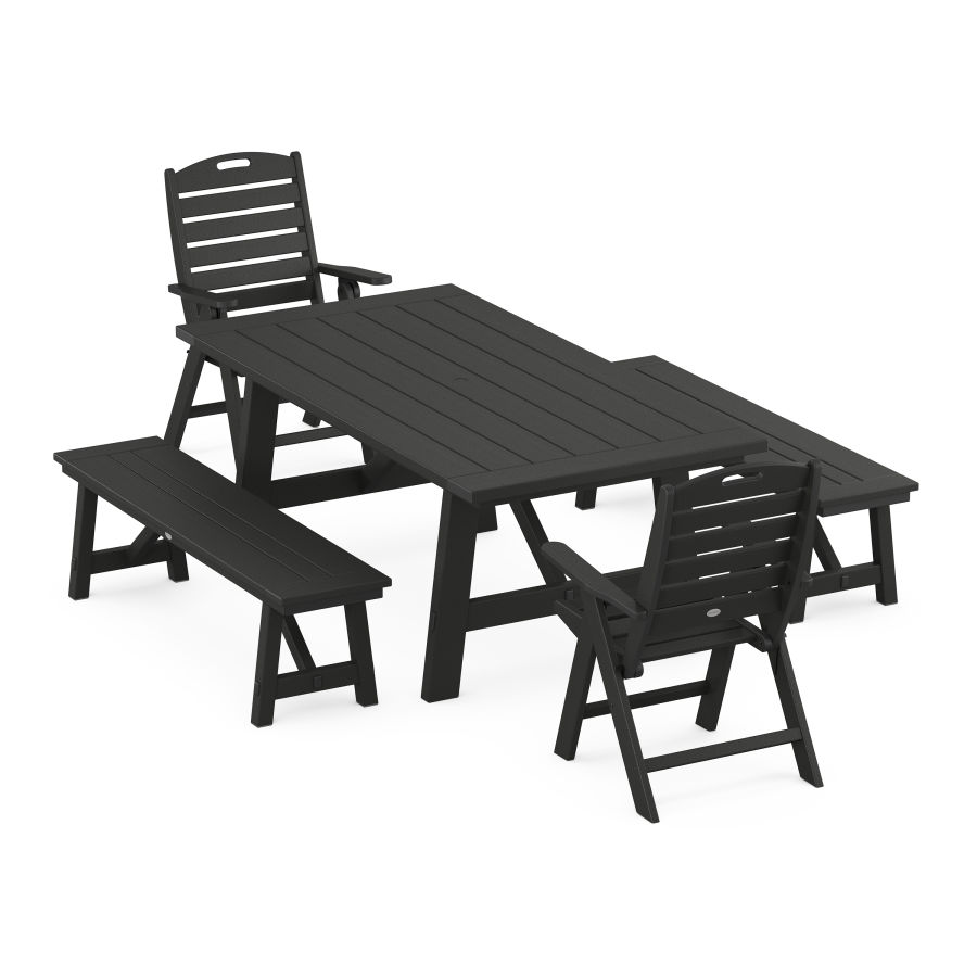 POLYWOOD Nautical Folding Highback Chair 5-Piece Rustic Farmhouse Dining Set With Benches in Black