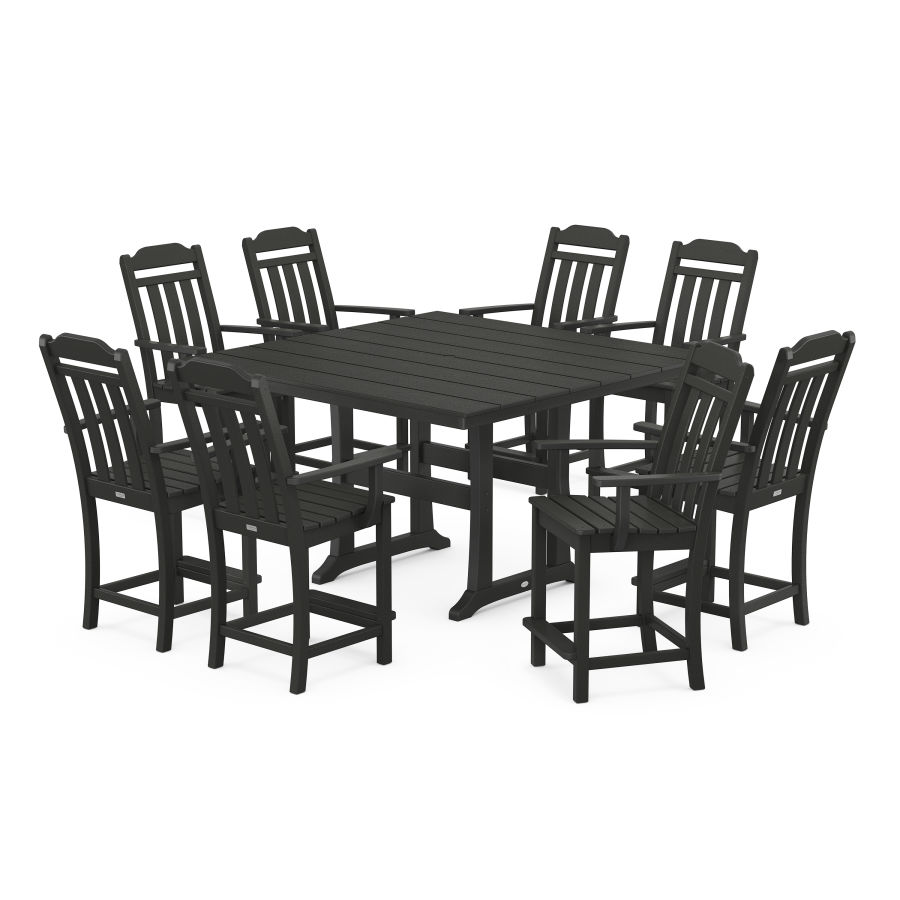 POLYWOOD Country Living 9-Piece Square Farmhouse Counter Set with Trestle Legs in Black