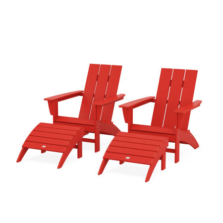 Modern Adirondack Chair 4-Piece Set with Ottomans in Sunset Red