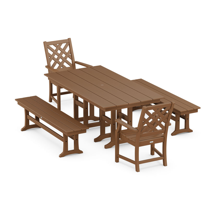 POLYWOOD Wovendale 5-Piece Farmhouse Dining Set with Benches in Teak