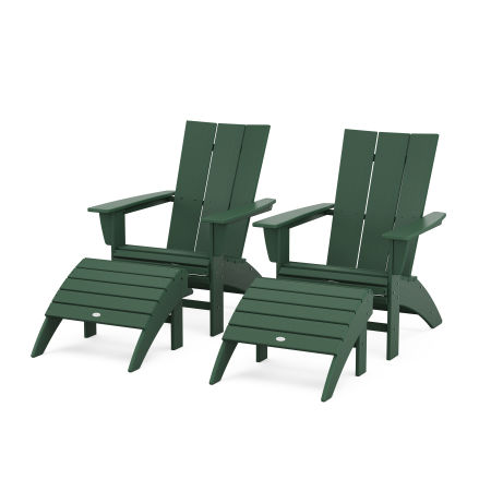 Modern Curveback Adirondack Chair 4-Piece Set with Ottomans in Green