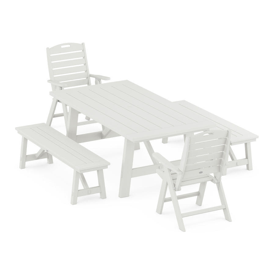 POLYWOOD Nautical Folding Highback Chair 5-Piece Rustic Farmhouse Dining Set With Benches in Vintage White