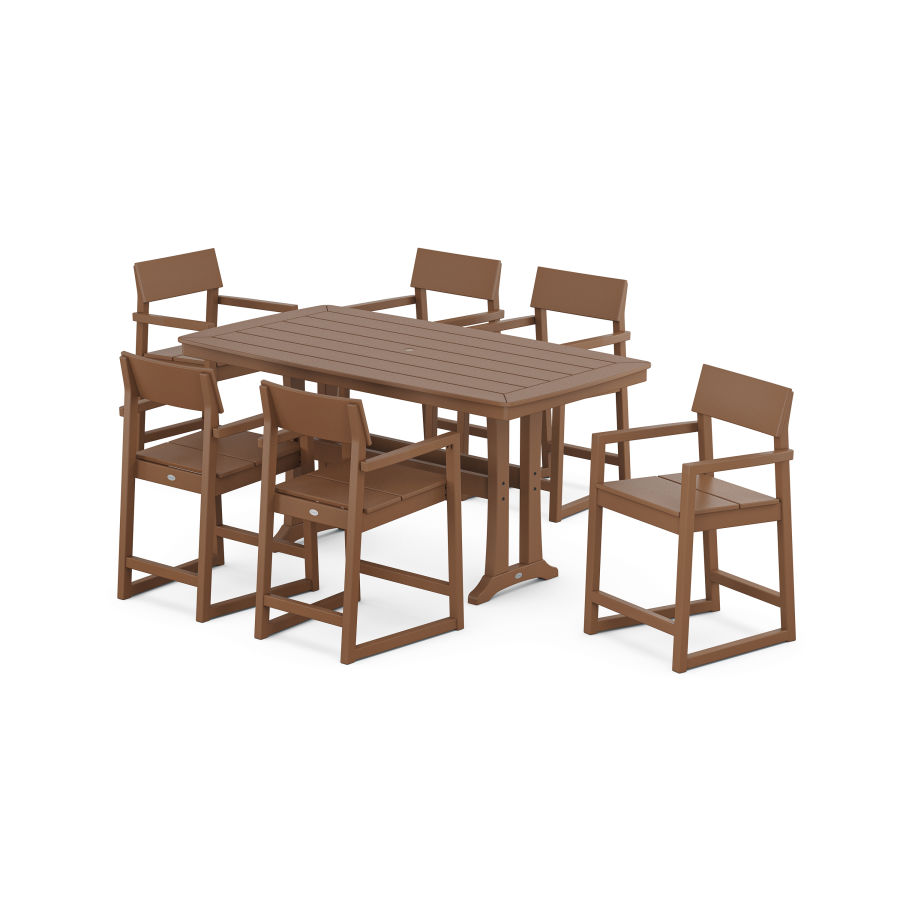 POLYWOOD EDGE Arm Chair 7-Piece Counter Set with Trestle Legs in Teak