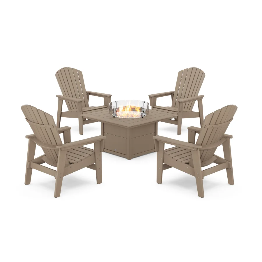 POLYWOOD 5-Piece Nautical Grand Upright Adirondack Conversation Set with Fire Pit Table in Vintage Sahara