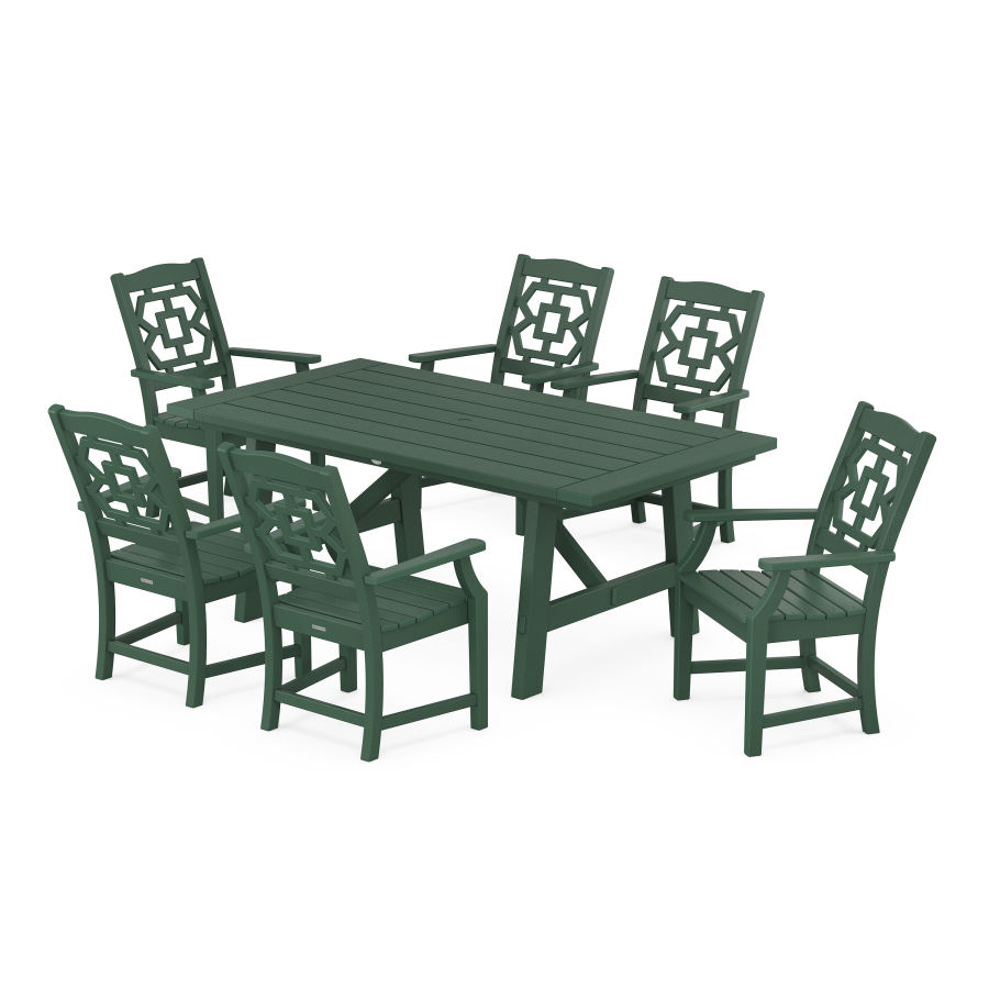 POLYWOOD Chinoiserie Arm Chair 7-Piece Rustic Farmhouse Dining Set in Green