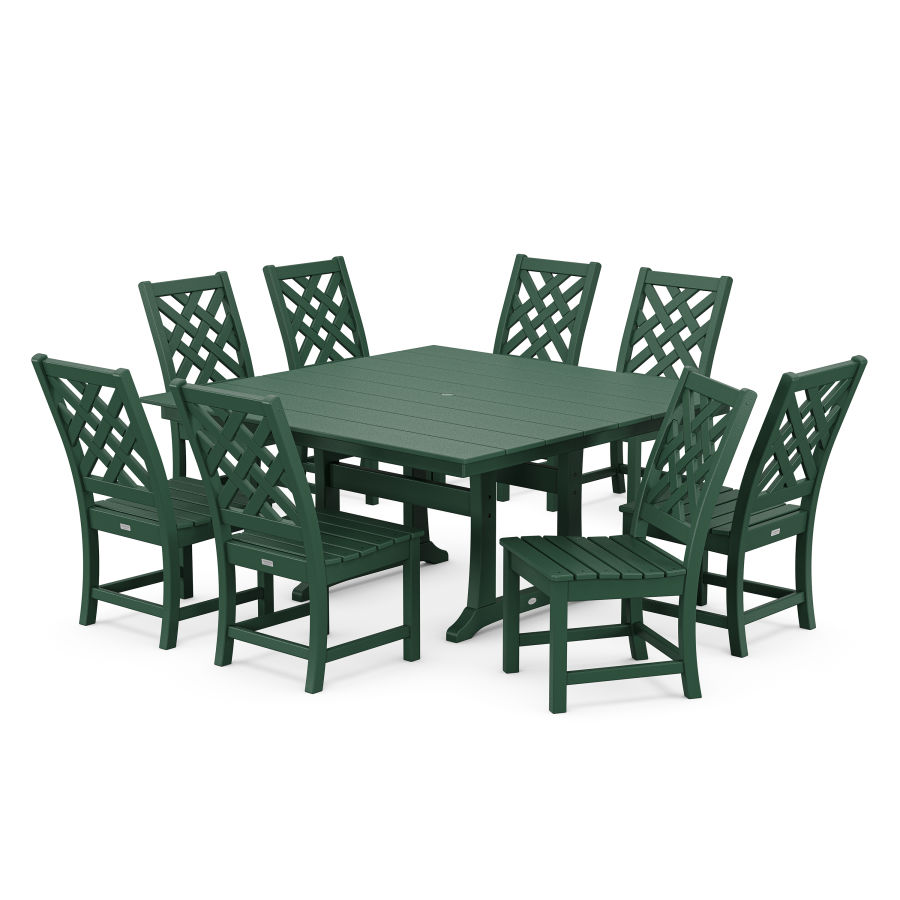 POLYWOOD Wovendale Side Chair 9-Piece Square Farmhouse Dining Set with Trestle Legs in Green