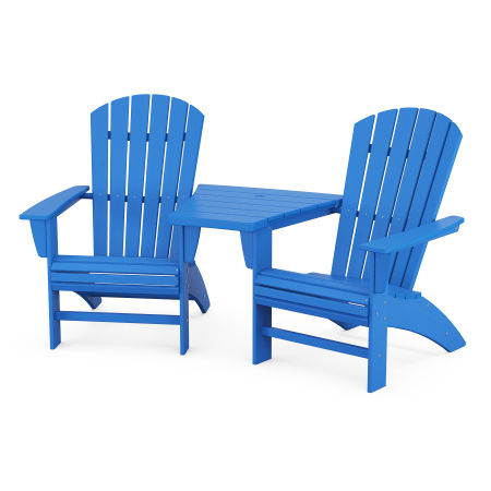 Nautical 3-Piece Curveback Adirondack Set with Angled Connecting Table in Pacific Blue