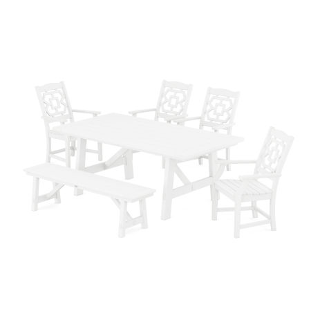 Chinoiserie 6-Piece Rustic Farmhouse Dining Set with Bench in White