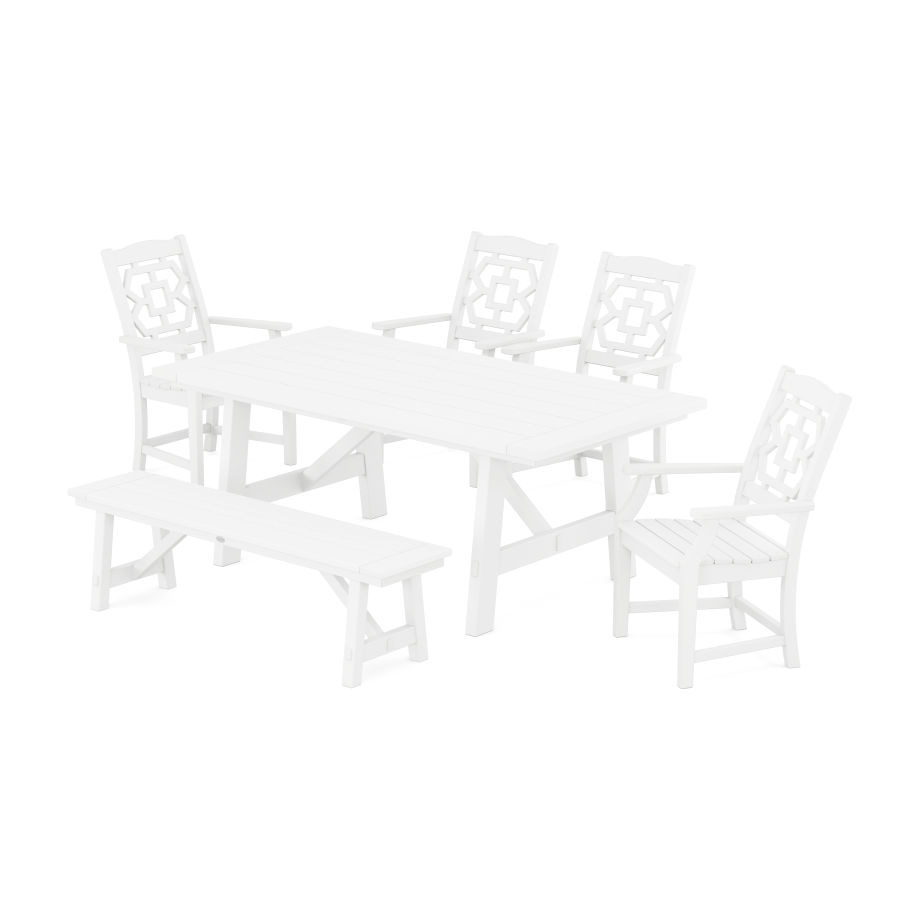 POLYWOOD Chinoiserie 6-Piece Rustic Farmhouse Dining Set with Bench in White