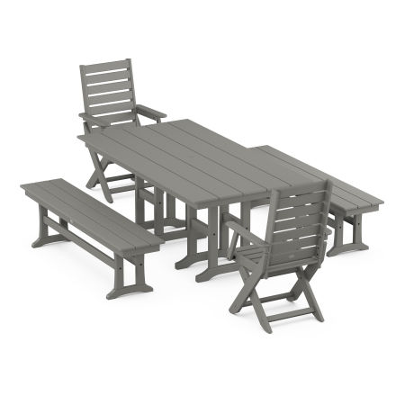 POLYWOOD Captain Folding Chair 5-Piece Farmhouse Dining Set with Benches