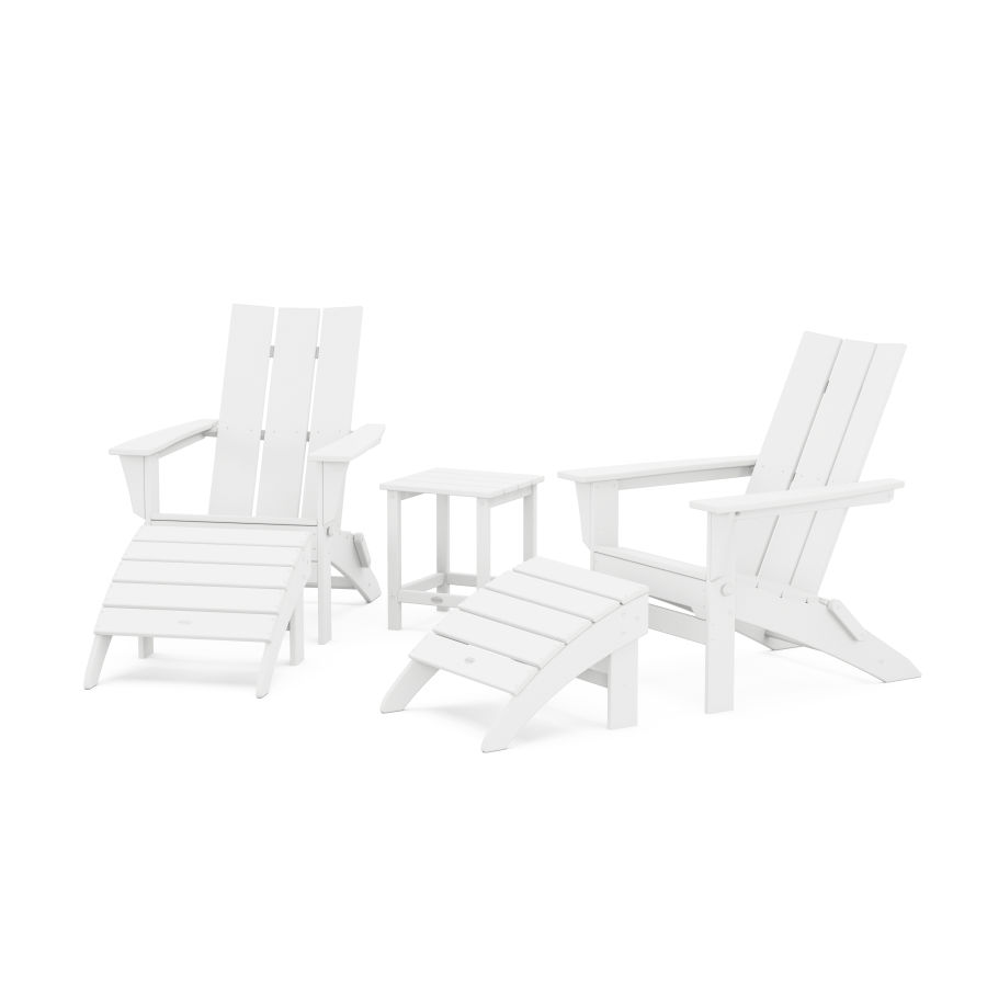 POLYWOOD Modern Folding Adirondack Chair 5-Piece Set with Ottomans and 18" Side Table in White