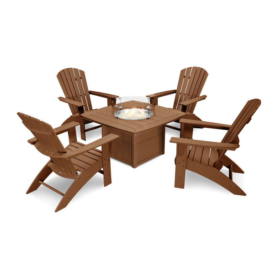 POLYWOOD Nautical Curveback Adirondack 5-Piece Conversation Set with Fire Pit Table in Teak