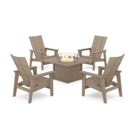 POLYWOOD 5-Piece Modern Grand Upright Adirondack Conversation Set with Fire Pit Table in Vintage Sahara