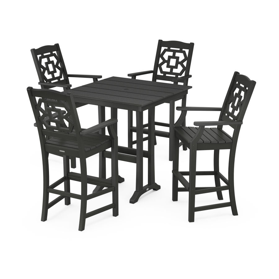 POLYWOOD Chinoiserie 5-Piece Farmhouse Bar Set with Trestle Legs in Black