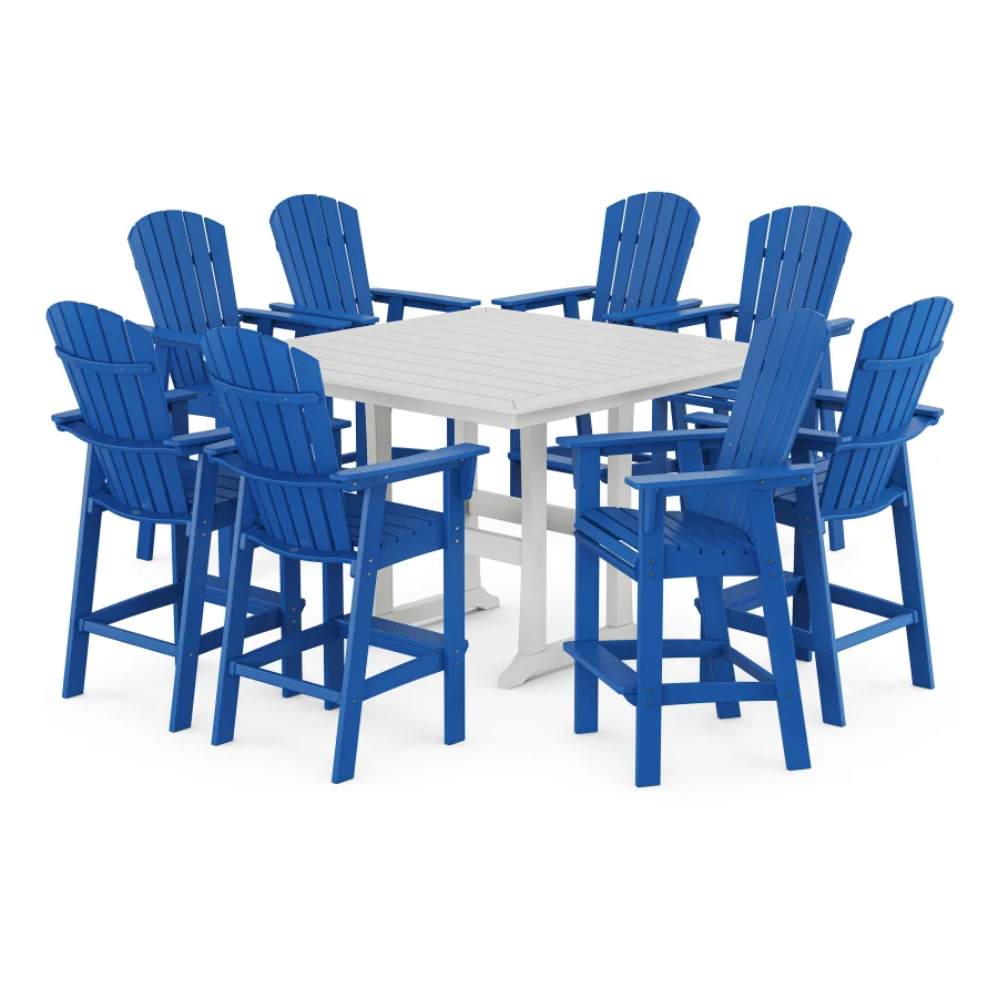 POLYWOOD Nautical Curveback Adirondack 9-Piece Trestle Bar Set in Pacific Blue / White