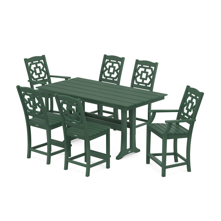 POLYWOOD Chinoiserie 7-Piece Farmhouse Counter Set with Trestle Legs in Green