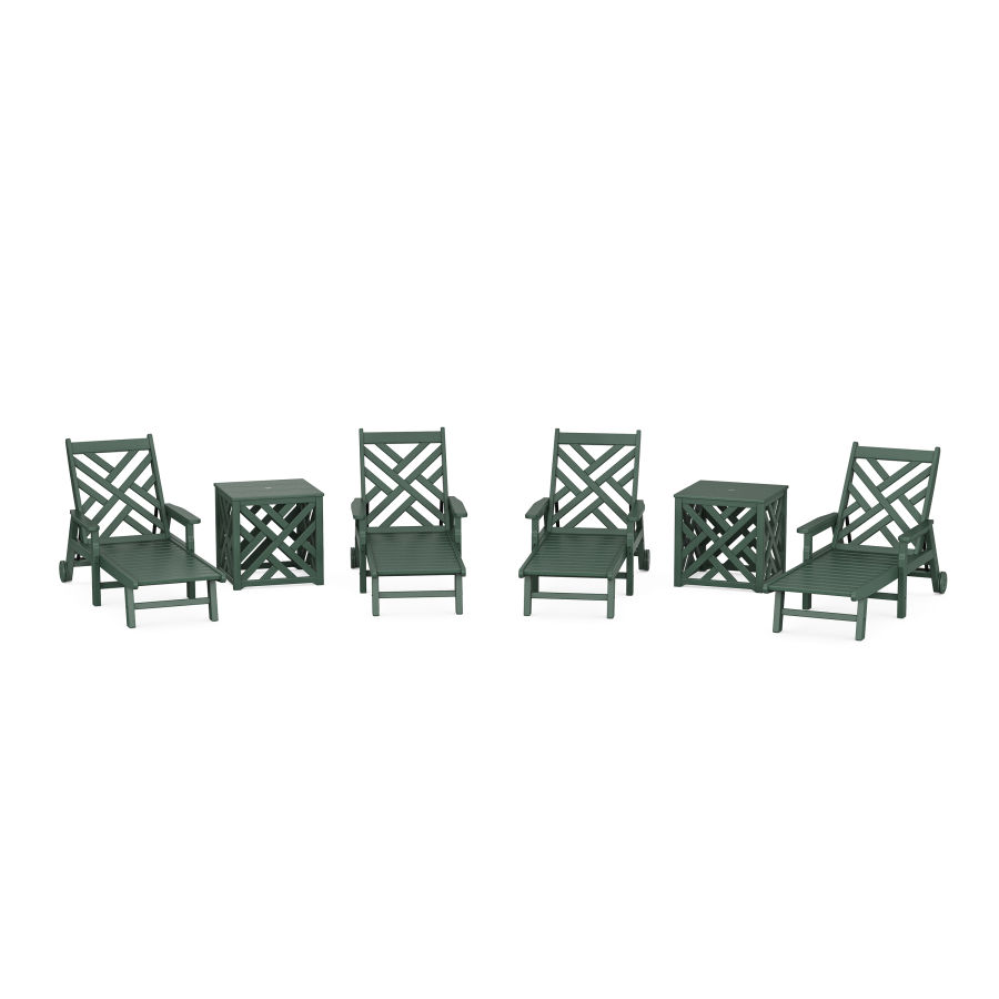 POLYWOOD Chippendale 6-Piece Chaise Set with Umbrella Stand Accent Table in Green