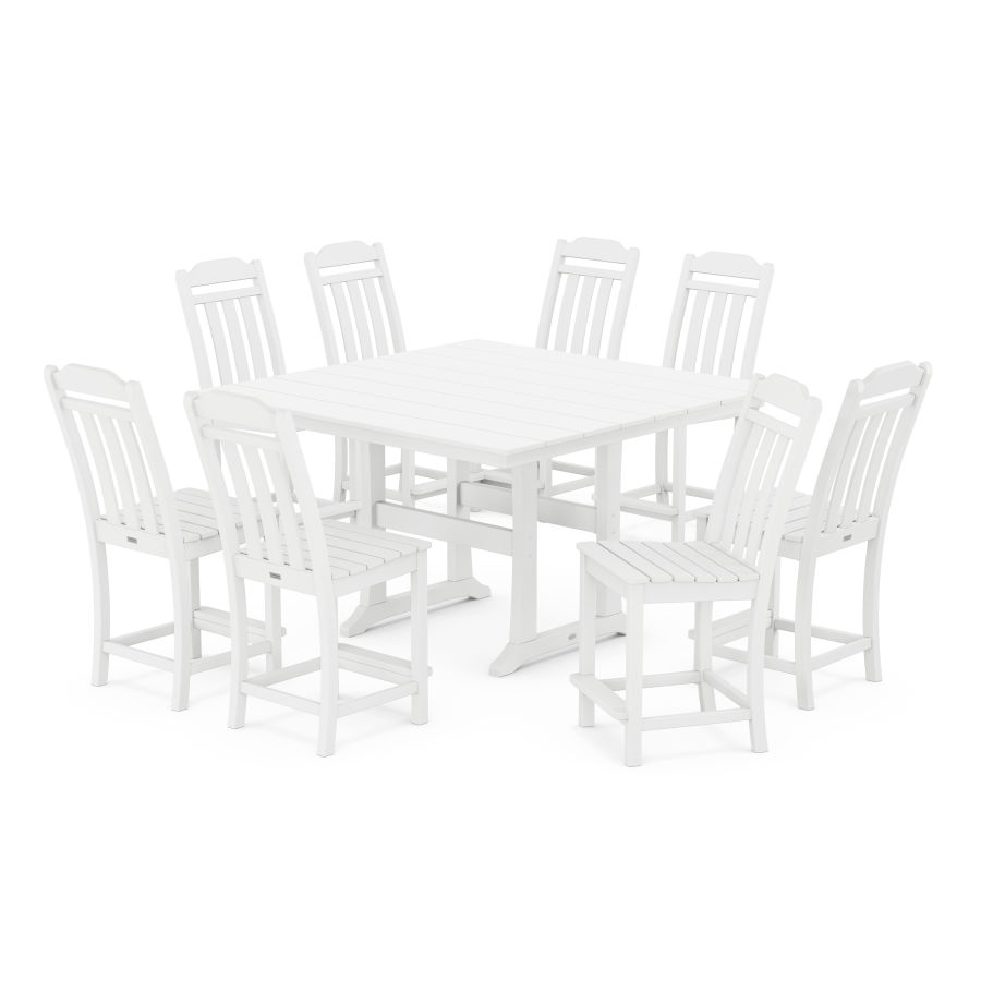 POLYWOOD Country Living 9-Piece Square Farmhouse Side Chair Counter Set with Trestle Legs in White