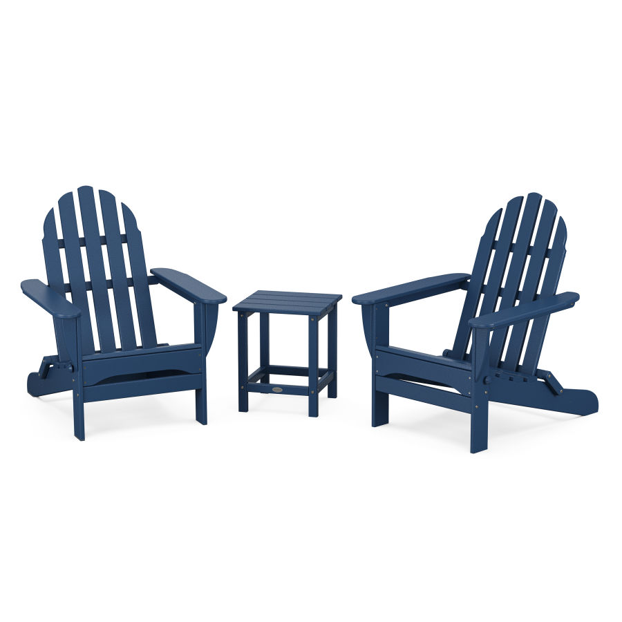 POLYWOOD Classic Folding Adirondack 3-Piece Set with Long Island 18" Side Table in Navy