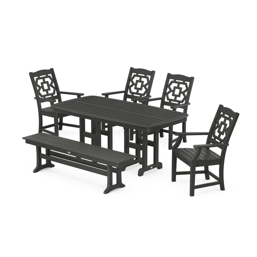 POLYWOOD Chinoiserie 6-Piece Dining Set with Bench in Black