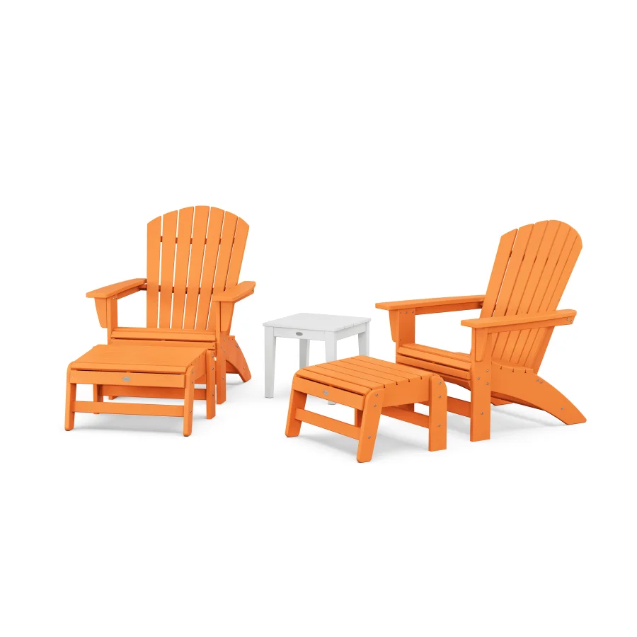 POLYWOOD 5-Piece Nautical Grand Adirondack Set with Ottomans and Side Table in Tangerine / White