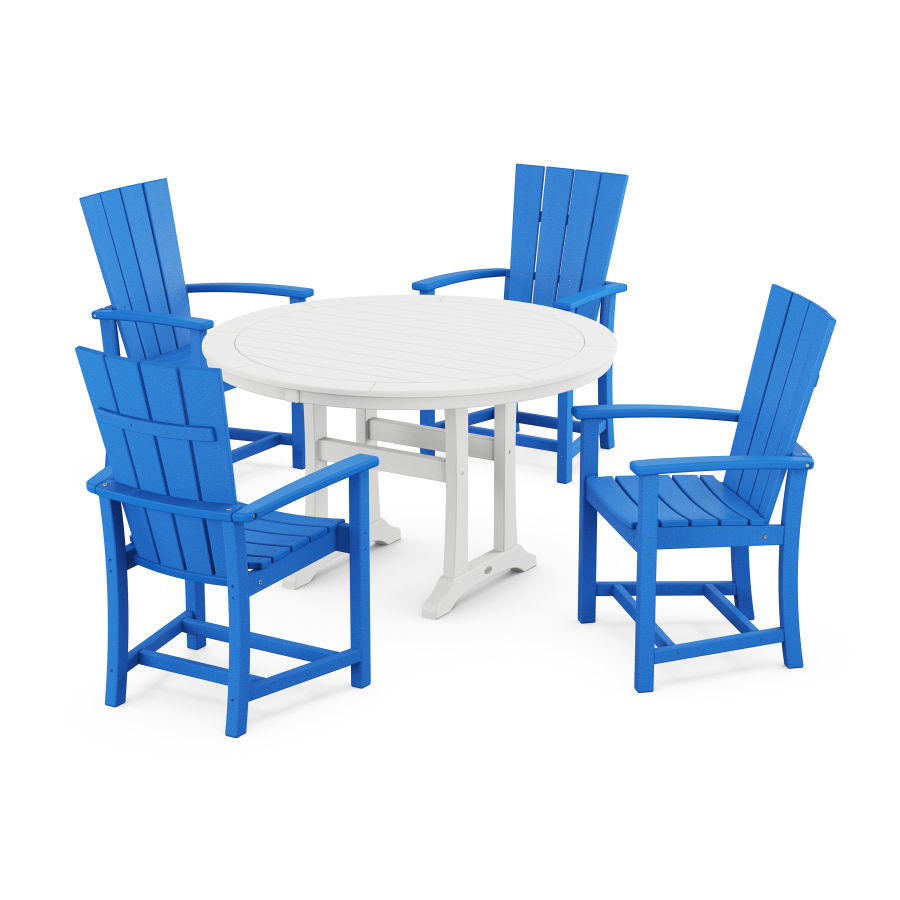 POLYWOOD Quattro 5-Piece Round Dining Set with Trestle Legs in Pacific Blue / White