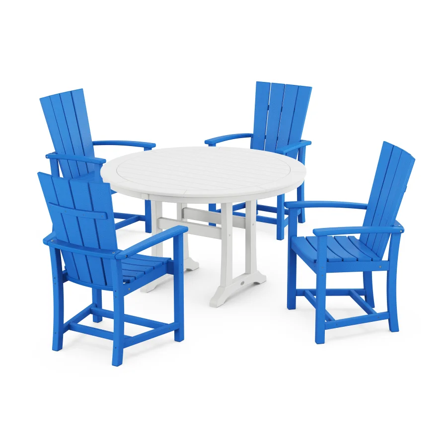 POLYWOOD Quattro 5-Piece Round Dining Set with Trestle Legs in Pacific Blue / White