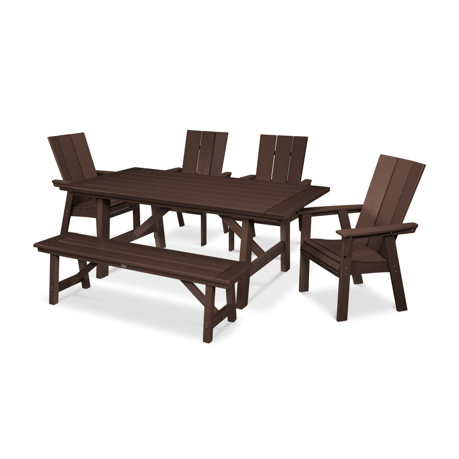 POLYWOOD Modern Adirondack 6-Piece Rustic Farmhouse Dining Set with Bench in Mahogany