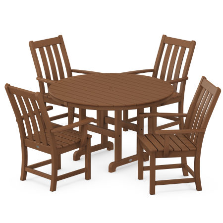 Vineyard 5-Piece Round Farmhouse Arm Chair Dining Set in Teak