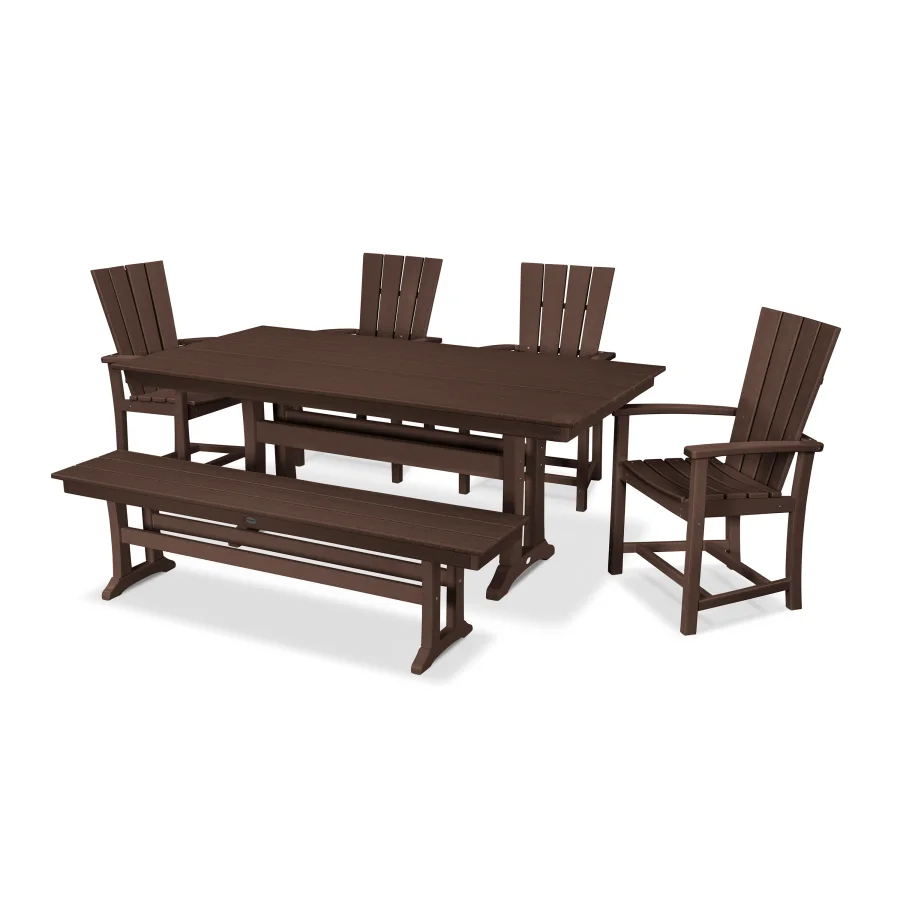 POLYWOOD Quattro 6-Piece Farmhouse Trestle Dining Set with Bench in Mahogany