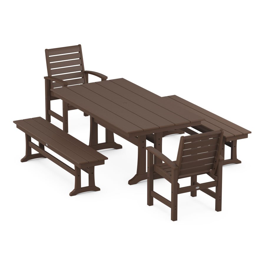 POLYWOOD Signature 5-Piece Farmhouse Dining Set With Trestle Legs in Mahogany