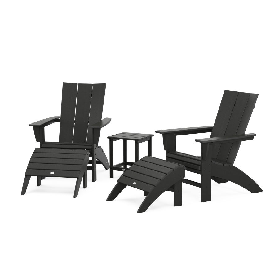 POLYWOOD Modern Curveback Adirondack Chair 5-Piece Set with Ottomans and 18" Side Table in Black