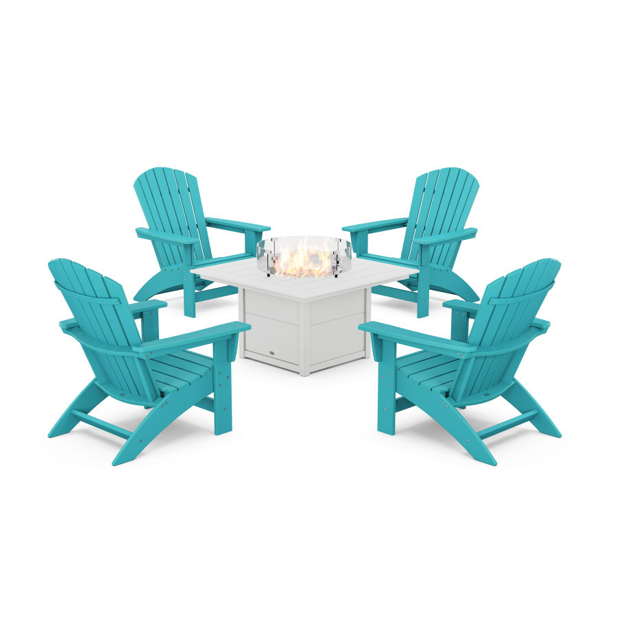 POLYWOOD 5-Piece Nautical Grand Adirondack Conversation Set with Fire Pit Table in Aruba / White