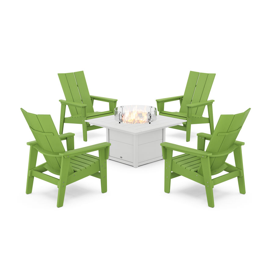 POLYWOOD 5-Piece Modern Grand Upright Adirondack Conversation Set with Fire Pit Table in Lime / White