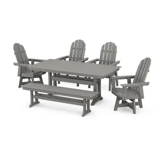 POLYWOOD Vineyard Curveback Adirondack 6-Piece Swivel Chair Farmhouse Dining Set with Trestle Legs and Bench