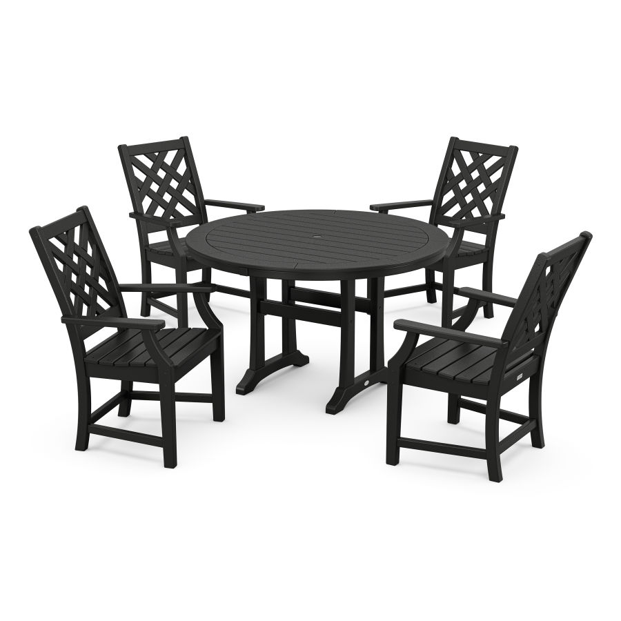 POLYWOOD Wovendale 5-Piece Round Dining Set with Trestle Legs in Black