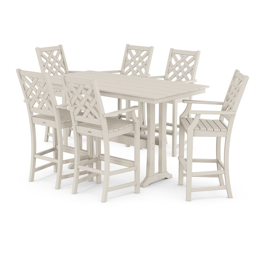 POLYWOOD Wovendale Arm Chair 7-Piece Farmhouse Bar Set with Trestle Legs in Sand