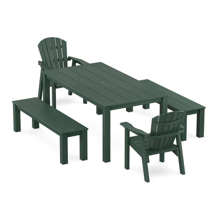 POLYWOOD Seashell 5-Piece Parsons Dining Set with Benches in Green
