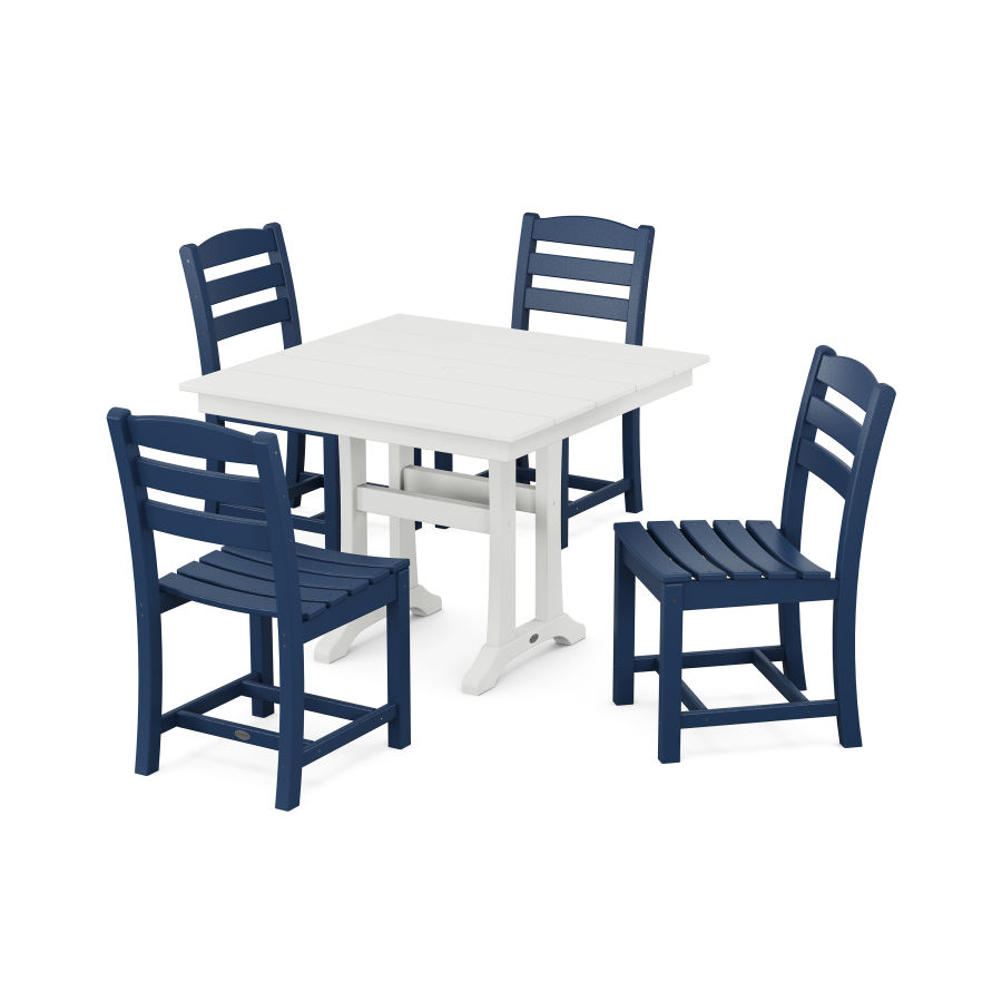 POLYWOOD La Casa Café 5-Piece Farmhouse Trestle Side Chair Dining Set in Navy / White