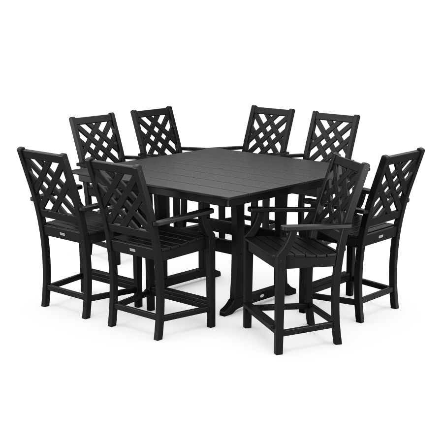 POLYWOOD Wovendale 9-Piece Square Farmhouse Counter Set with Trestle Legs in Black