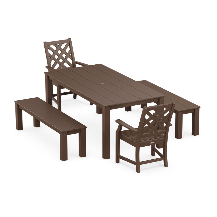 POLYWOOD Wovendale 5-Piece Parsons Dining Set with Benches in Mahogany