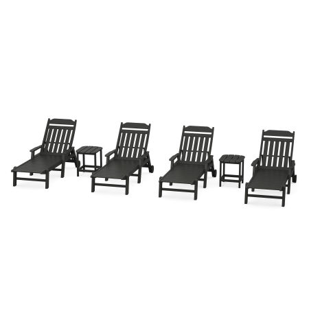 Country Living 6-Piece Chaise Set with Arms and Wheels in Black